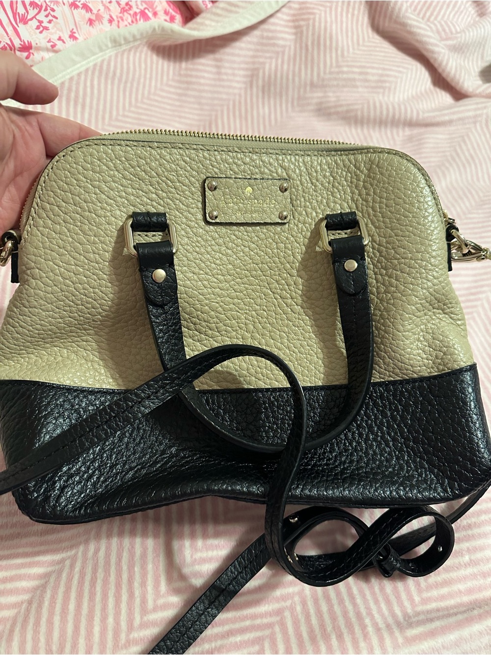 Kate Spade Two-Tone Beige and Black Leather Dome Satchel with crossbody strap
